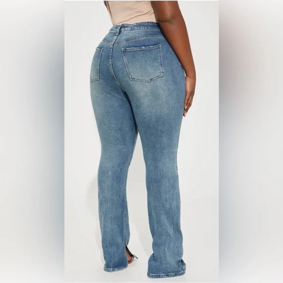 Fashion Nova “Baddest One Around” Medium Wash Distressed Boot Leg Jeans - Picture 4 of 5